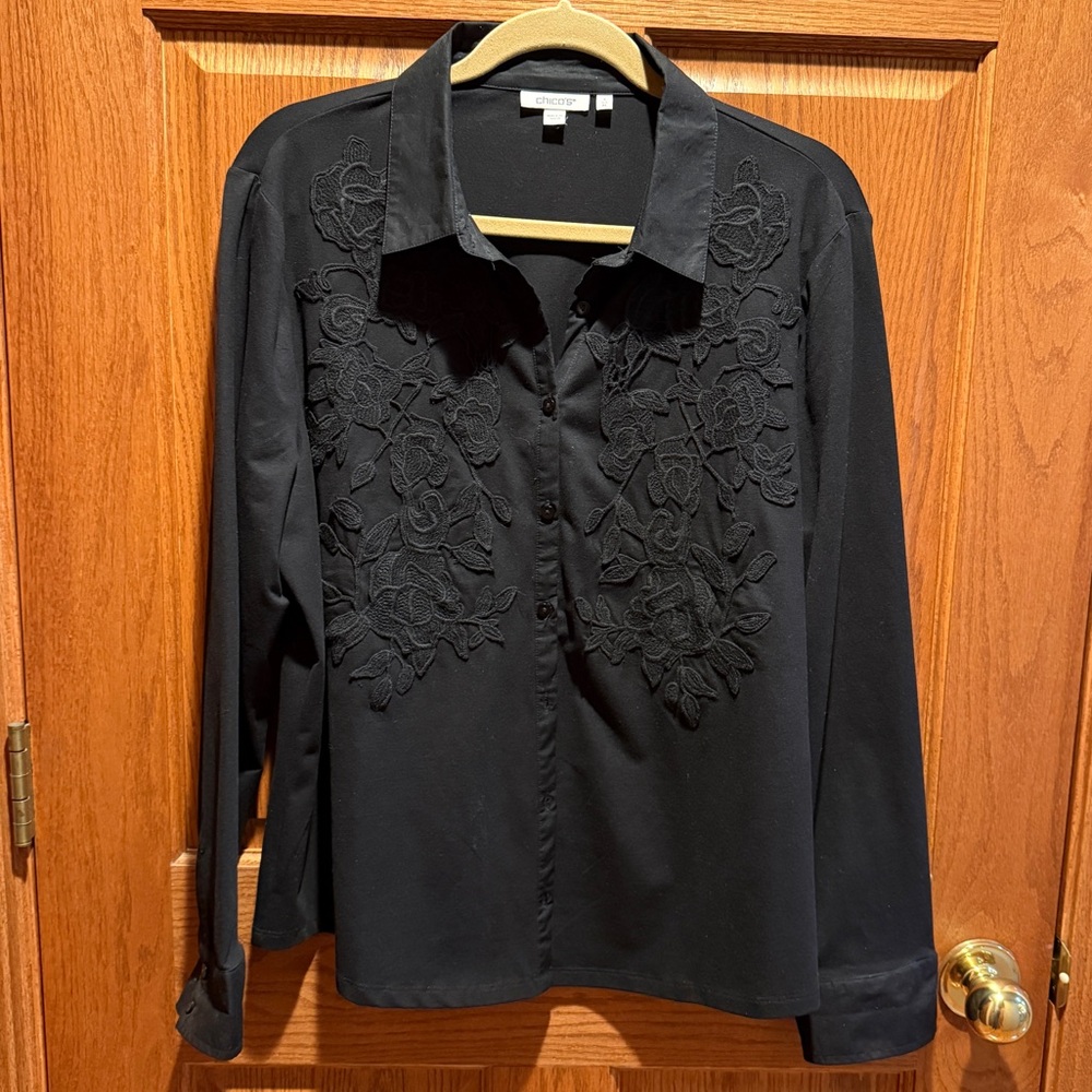 Chico's Black button down top with embroidery emb… - image 1